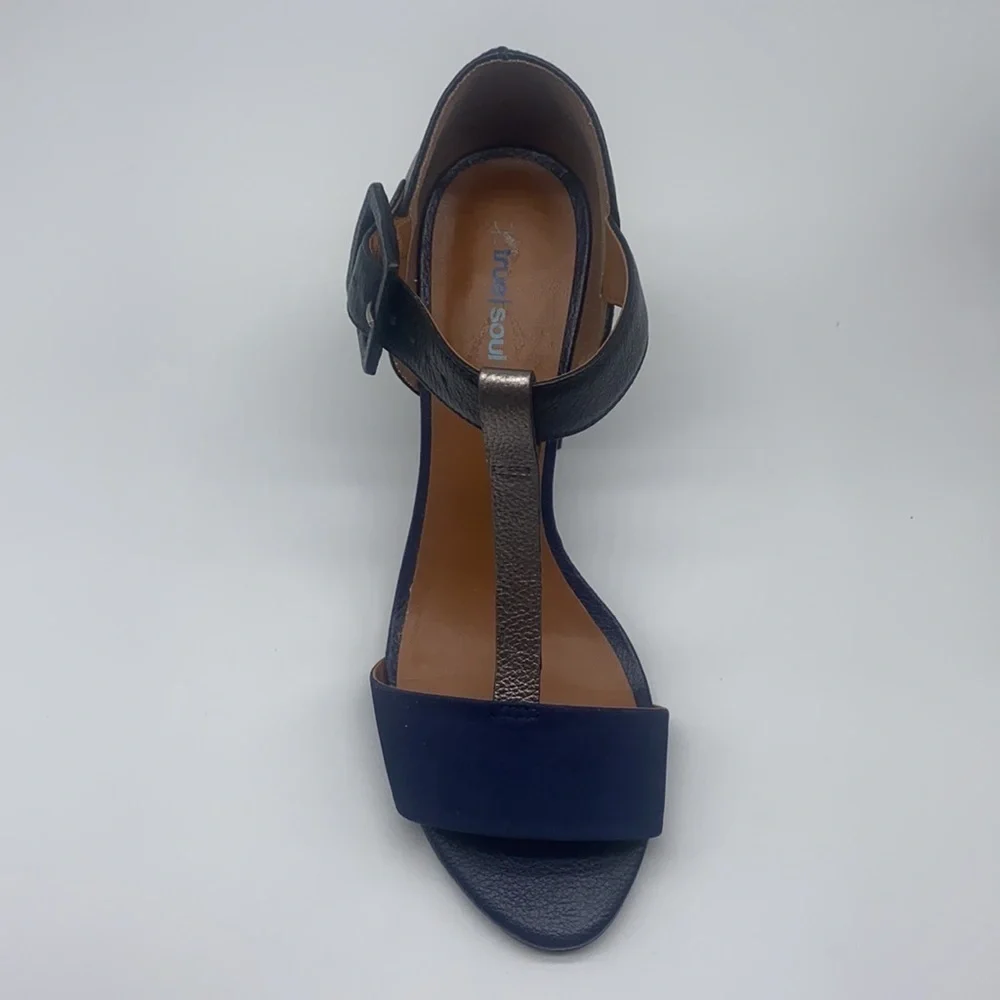 True Soul - Blue Suede And Black and Silver Leather Open Toe Heels Size 7